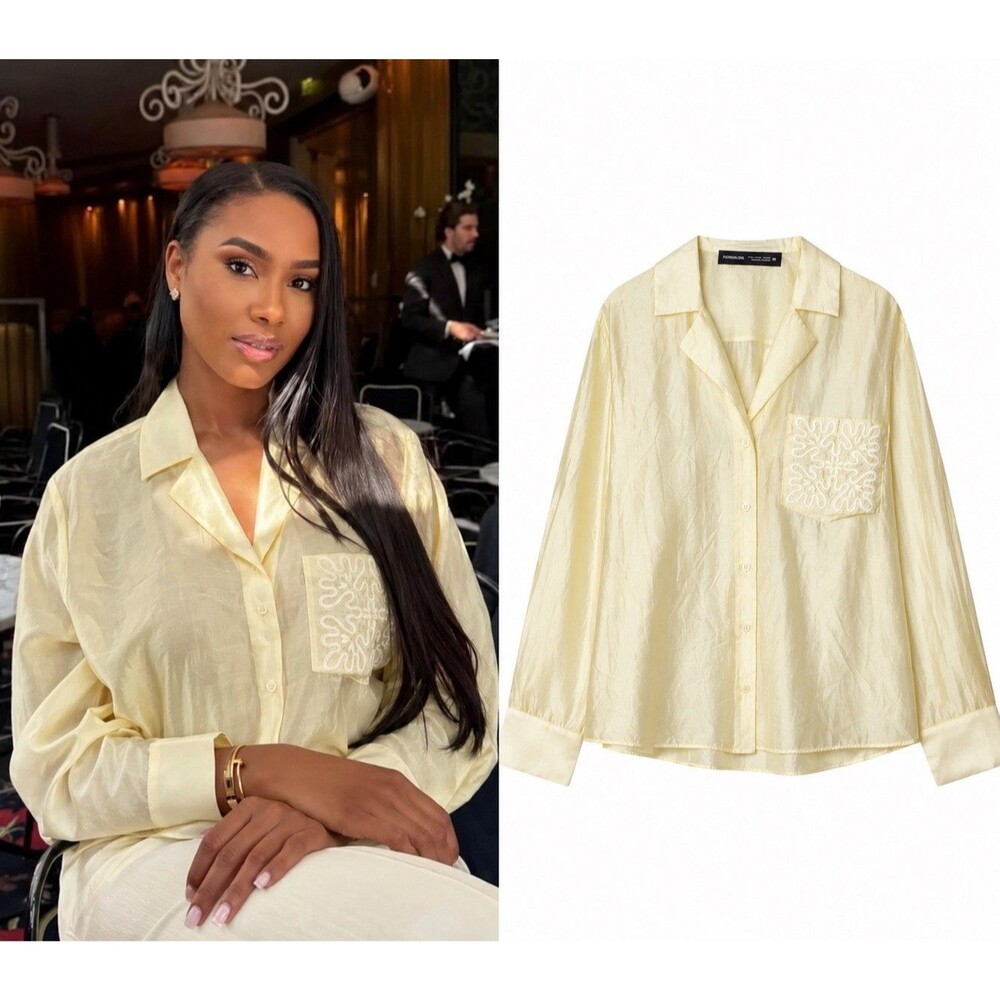 Zara Blouse Embroidered Pocket Yellow Women Sz S Long Sleeve  EUC Minimalist EUC